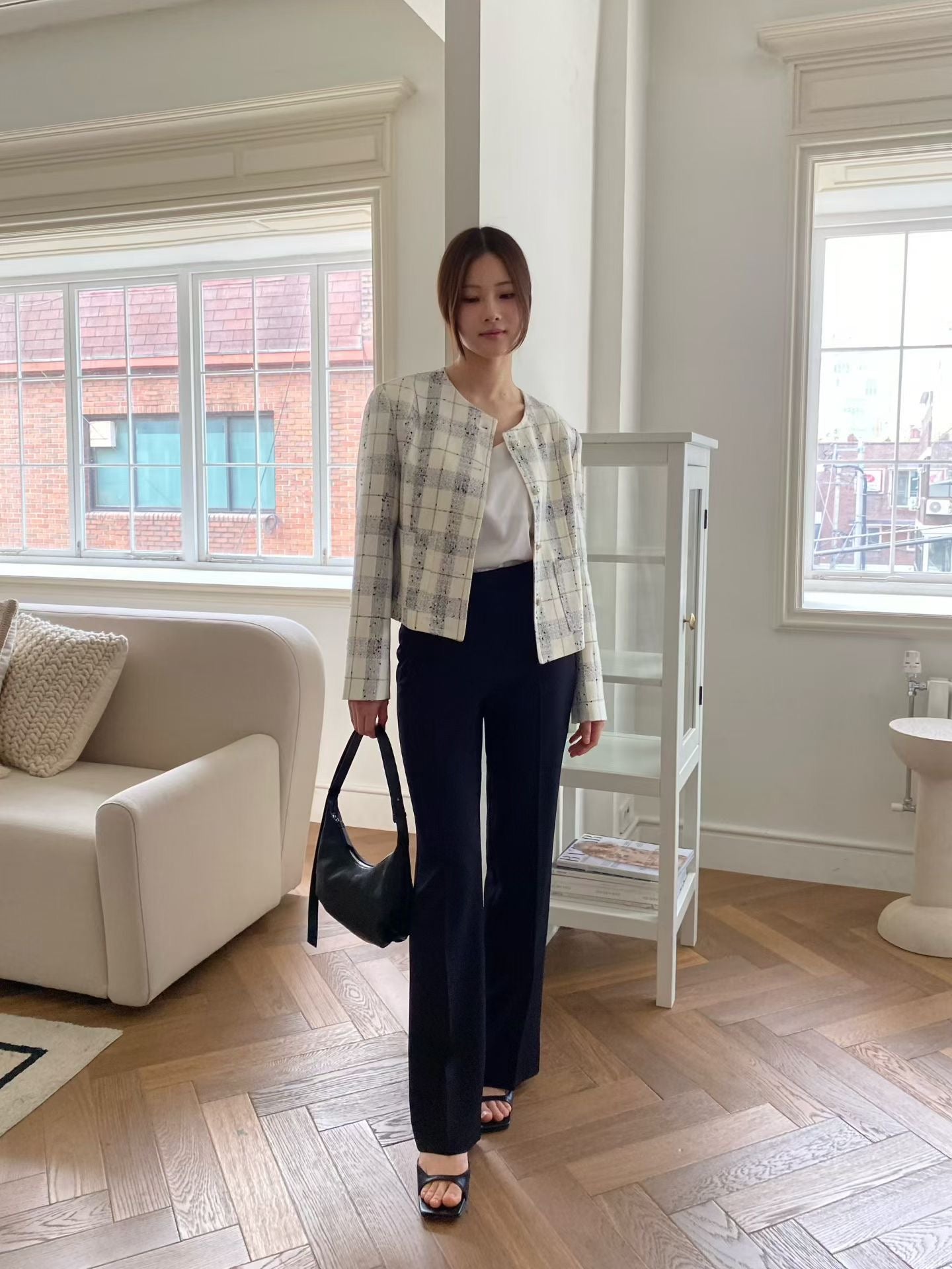 Classic Collarless Checkered Blazer | 英倫優雅風格紋外套