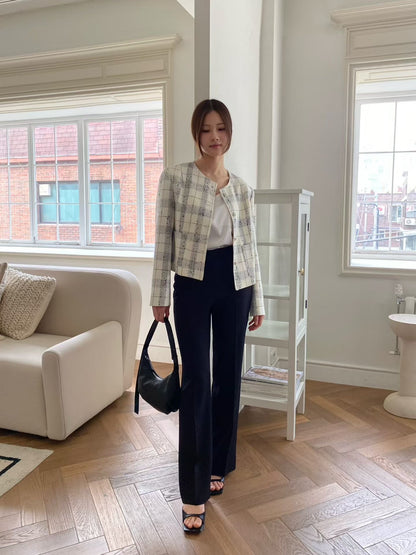 Classic Collarless Checkered Blazer | 英倫優雅風格紋外套