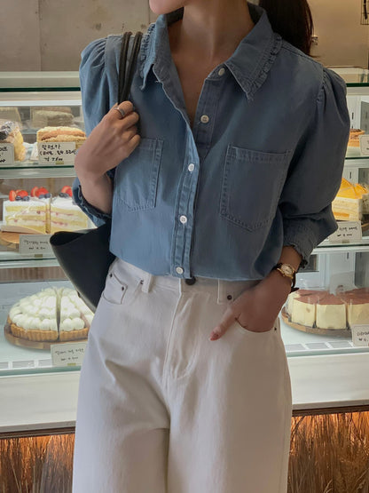 Ruffle Detail Light Denim Shirt