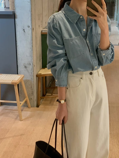 Ruffle Detail Light Denim Shirt