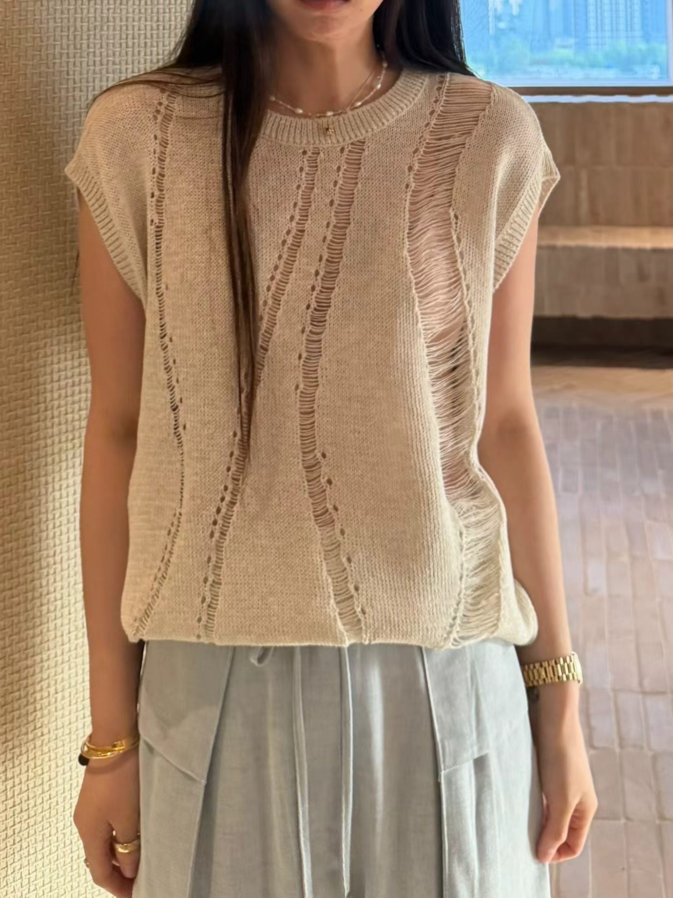 Weaving Detail Crochet Linen Vest Top | 波紋鉤針背心罩衫