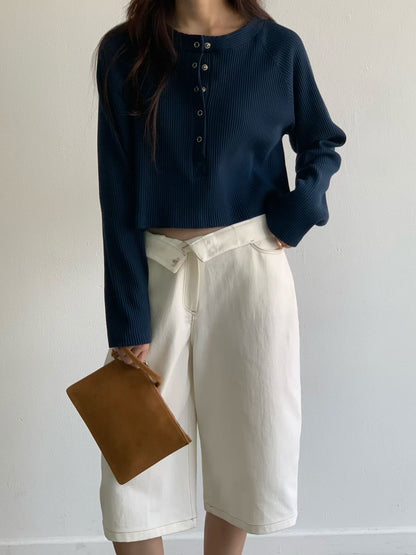 Waffle Pop Button Cropped Tee | 窩夫格格長袖Top