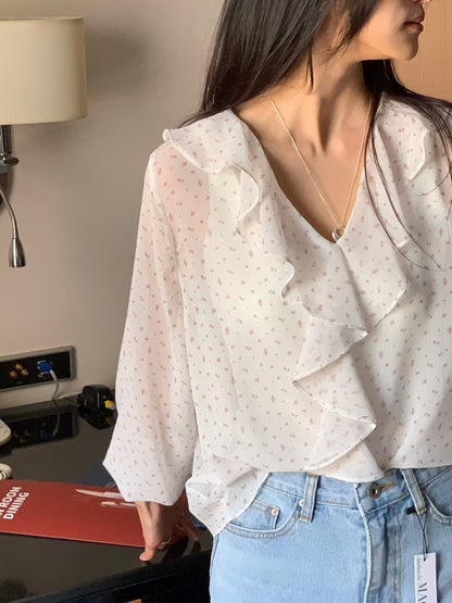 Botanical Ruffle Chiffon Blouse |  花卉荷葉邊氣質上衣