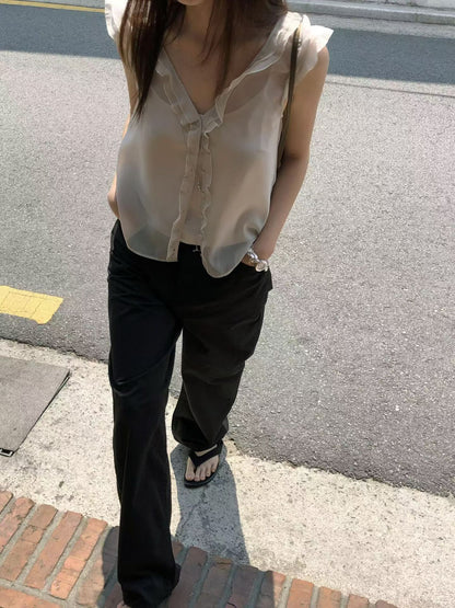 Fairy Bloom Ruffle Blouse | 仙氣荷葉滾邊小飛袖背心