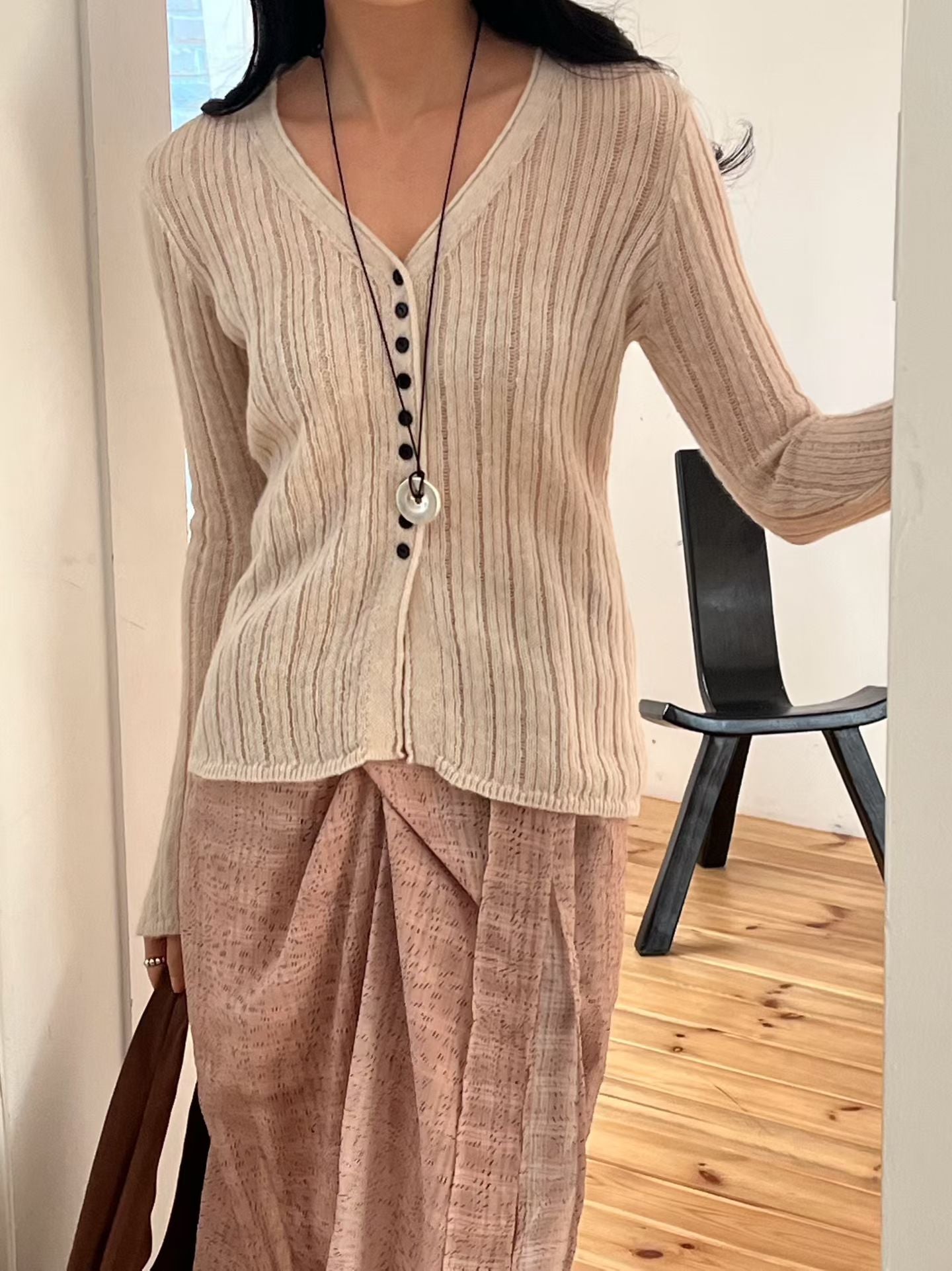 Contrast Button Detail Ribbed Cardigan