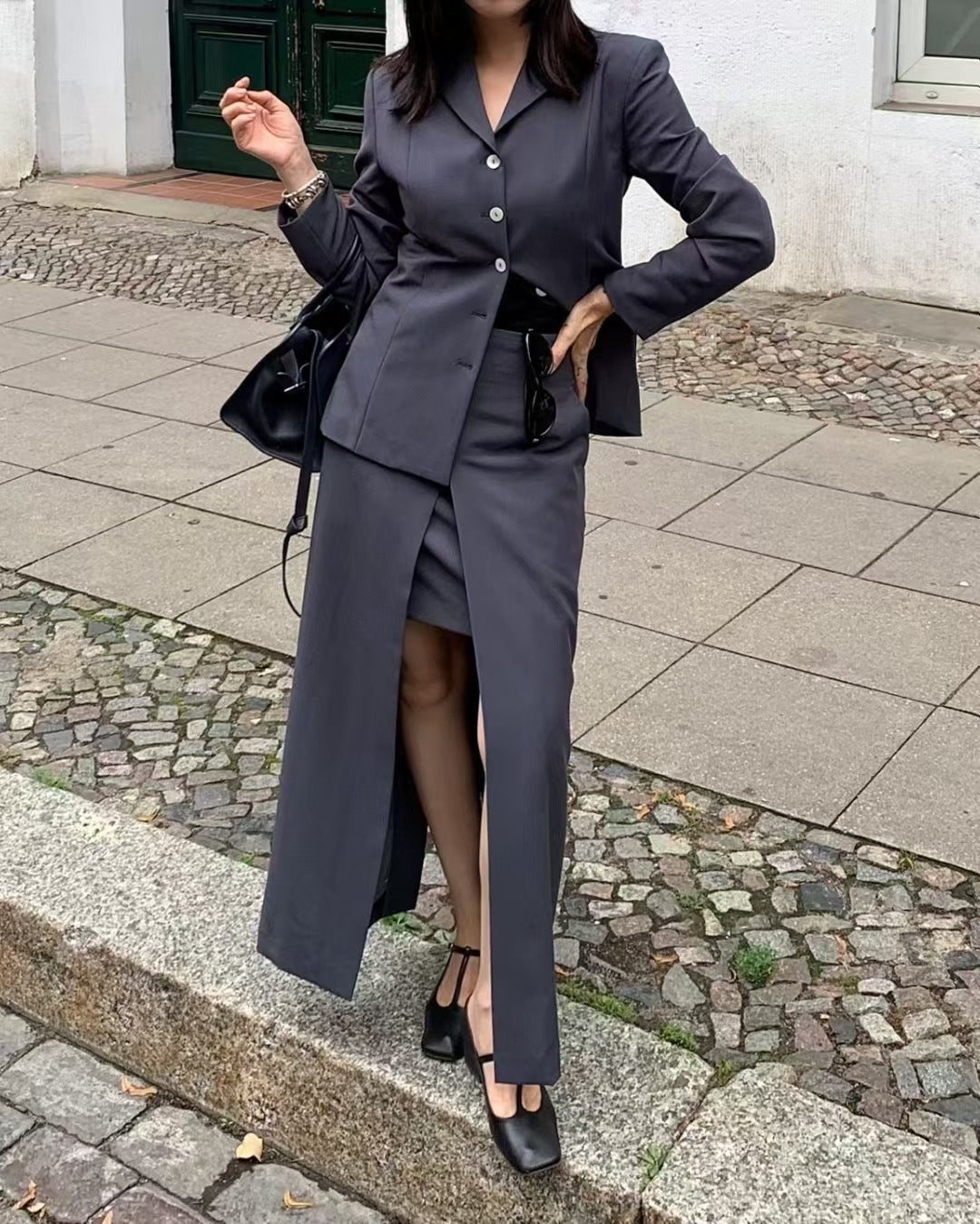 【暴美通勤風】Tailored Front Slit Maxi Skirt | 高腰開叉假兩件長裙