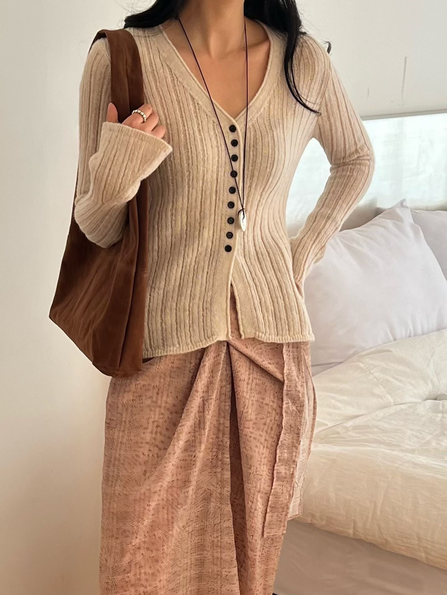 Contrast Button Detail Ribbed Cardigan