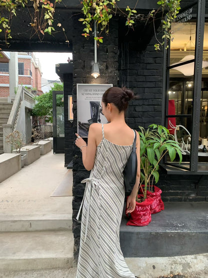 Parisian Effortless Striped Tie Bow Slip Dress | 法系斜條紋側綁結長裙