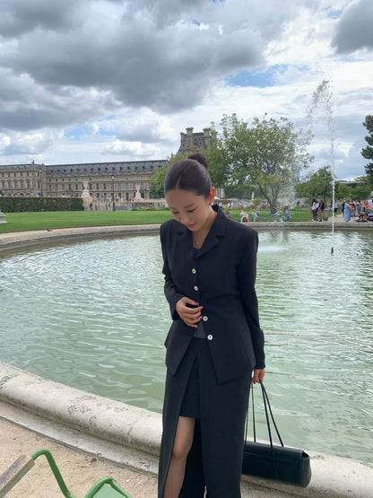 【暴美通勤風】Tailored Front Slit Maxi Skirt | 高腰開叉假兩件長裙