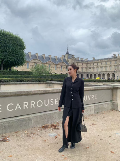 【暴美通勤風】Tailored Front Slit Maxi Skirt | 高腰開叉假兩件長裙