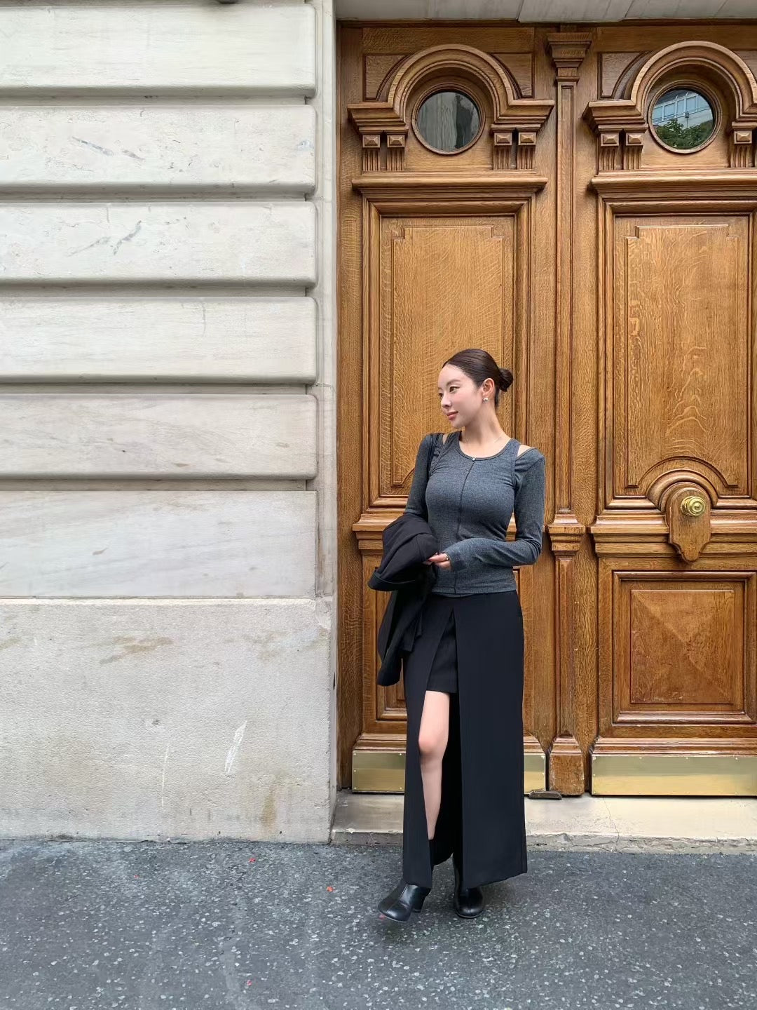 【暴美通勤風】Tailored Front Slit Maxi Skirt | 高腰開叉假兩件長裙