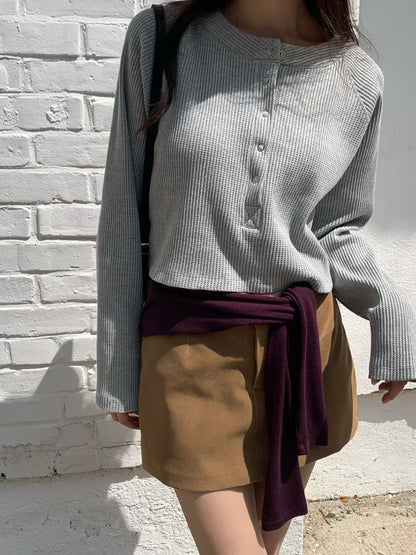 Waffle Pop Button Cropped Tee | 窩夫格格長袖Top