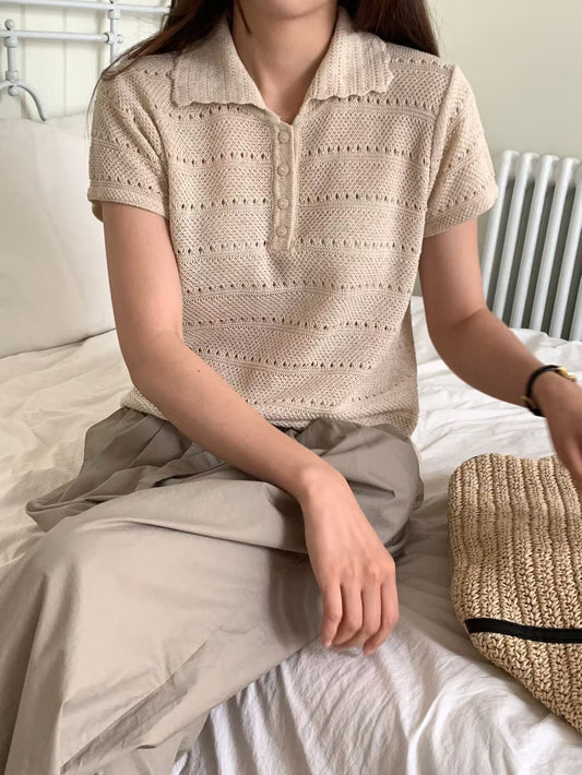 Frill Collar Lacey Tee | 滾邊細節小通花上衣￼