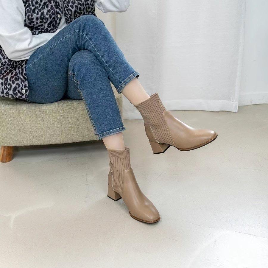 Calf Leather Sock Ankle Boots | 秋冬百搭牛皮拼襪子短boot