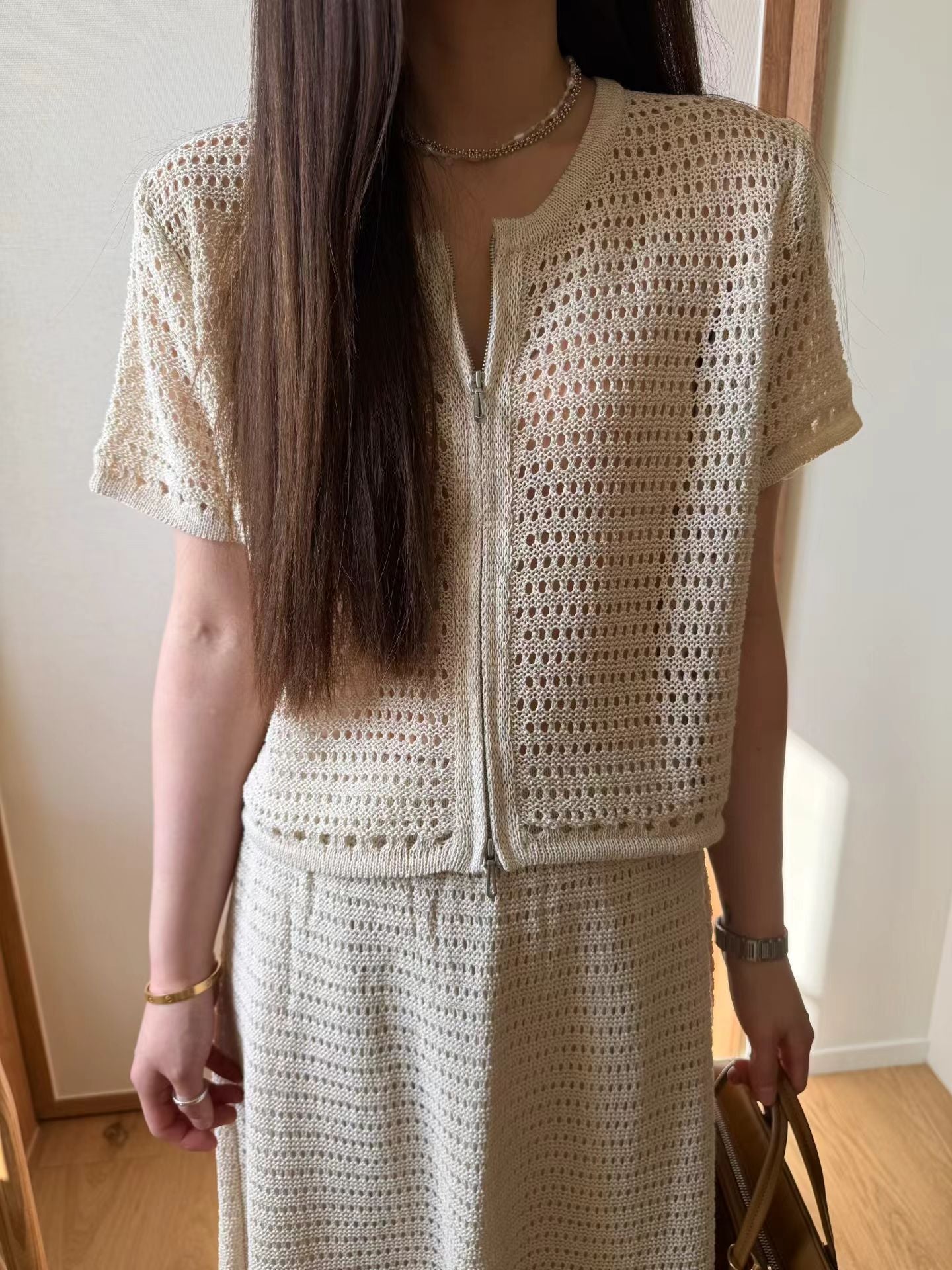Linen Crochet Weave Zip Jacket | 麻質￼鉤針編織雙拉鍊短外套