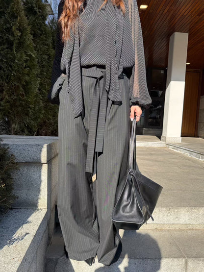 <附腰帶> Striped Straight Leg Belted Trousers | 條紋寬版直腳後橡筋長褲