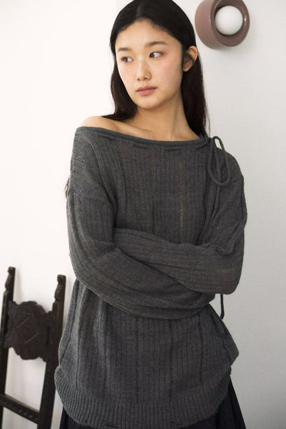 Shoulder Bow Ripped Detail Knit Top