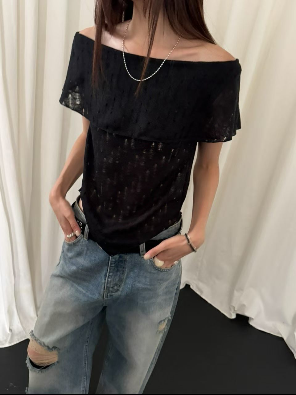 2-way Off Shoulder Ripped Knit Top