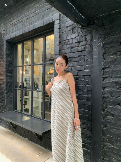 Parisian Effortless Striped Tie Bow Slip Dress | 法系斜條紋側綁結長裙
