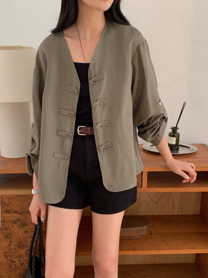 Tencel-Linen Retro Hook-Tie Jacket | 天絲亞麻鉤扣綁帶復古外套