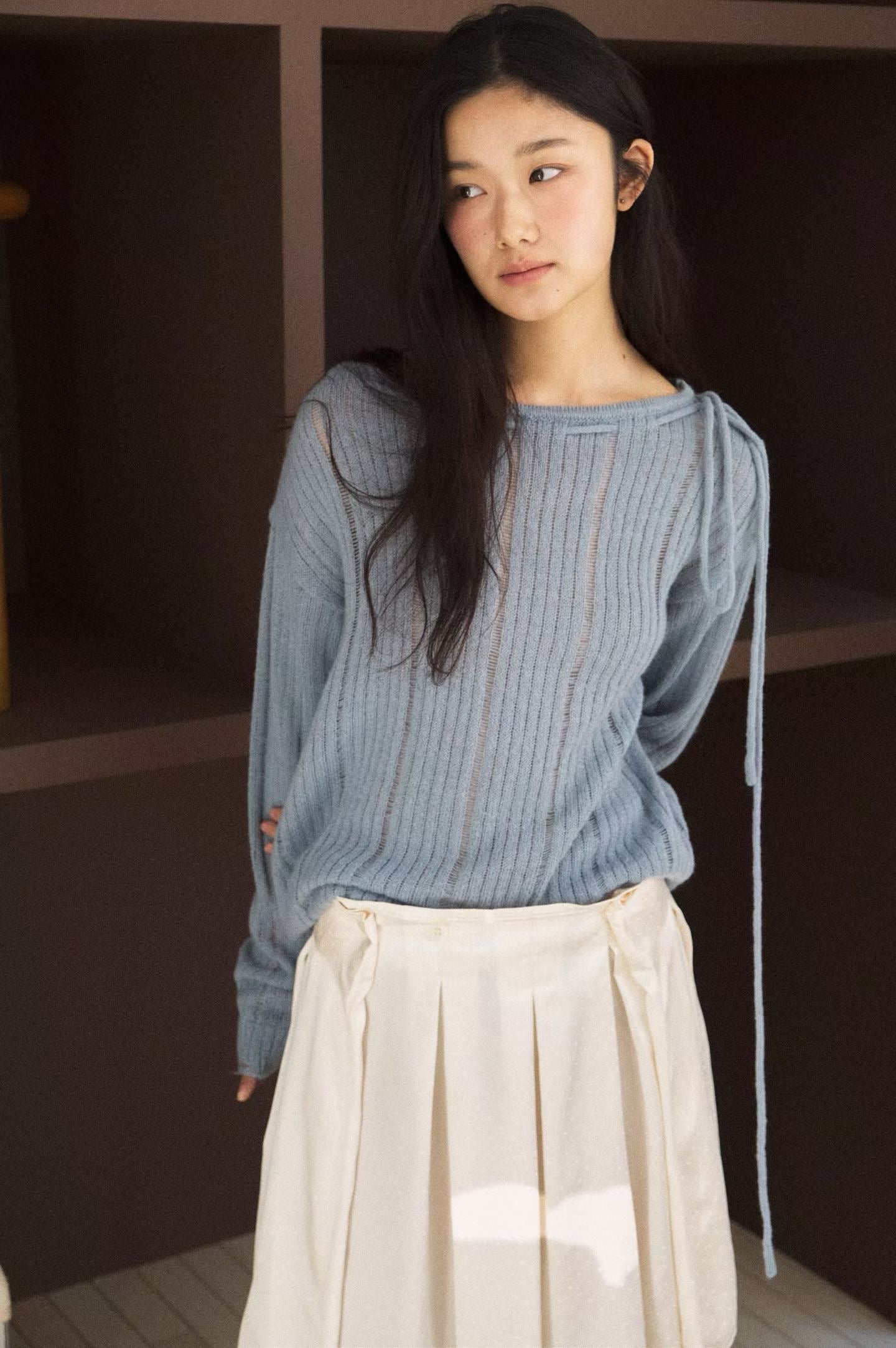 Shoulder Bow Ripped Detail Knit Top