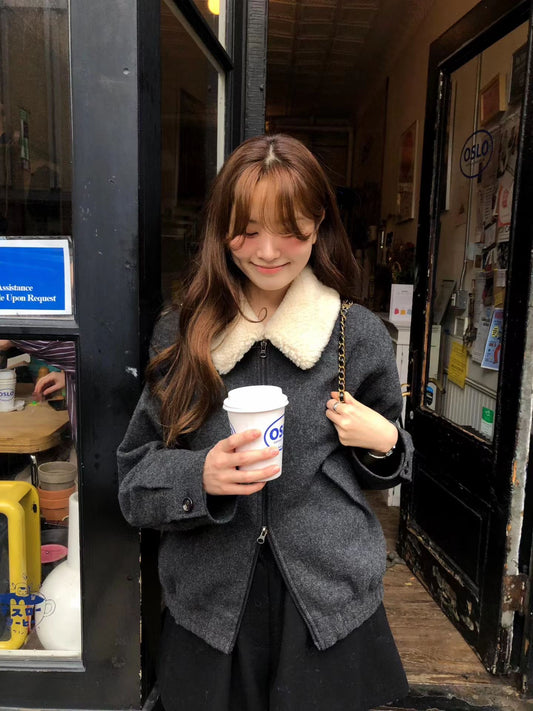 Smooth Tweed Bomber Jacket with Detachable Shearling Collar