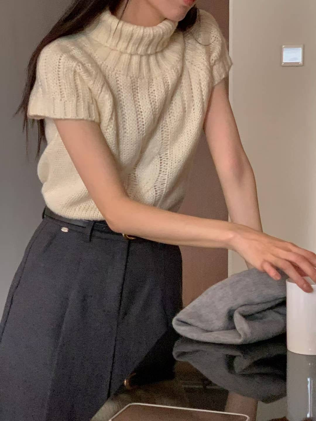 針織小通花紋理高領Top