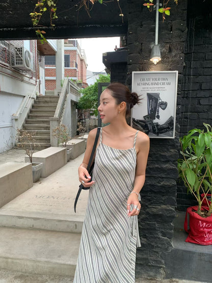 Parisian Effortless Striped Tie Bow Slip Dress | 法系斜條紋側綁結長裙