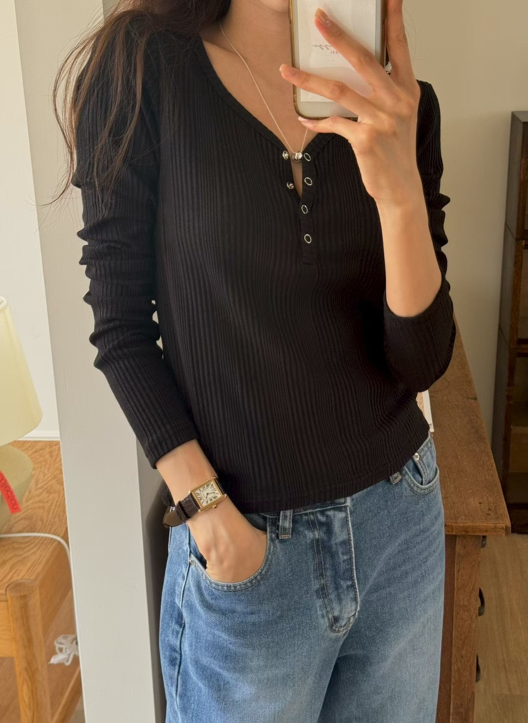 [連線壓軸加碼款] Teardrop Winter Basic Top | 水滴領口暗直紋上衣