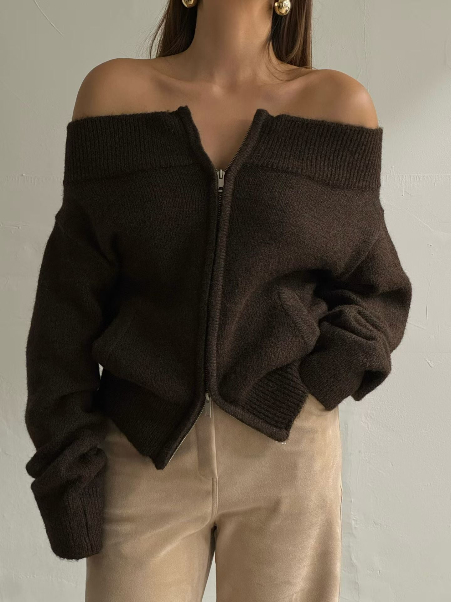 Off Shoulder Zip Up Top
