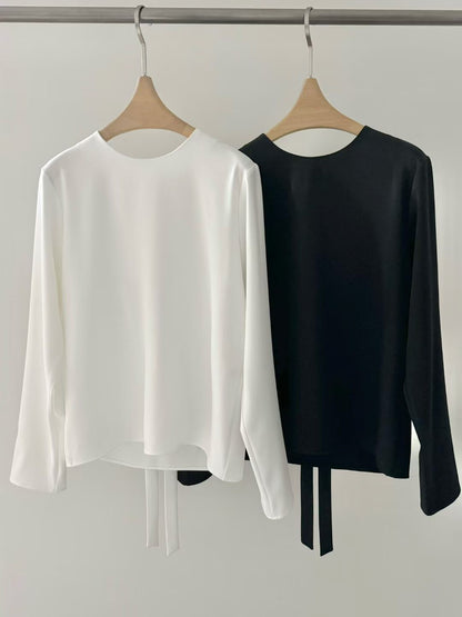 暗珠光背面小心機襯衫 | Pearly Low Back Ribbon Blouse