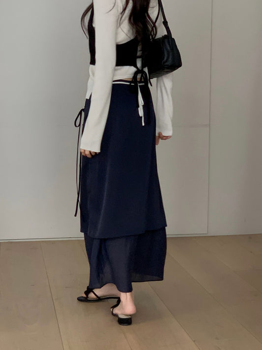 [絲滑飄逸] Layered Ribbon Tie Detail Skirt
