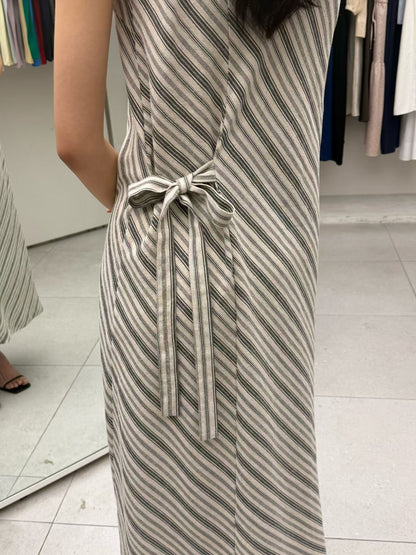 Parisian Effortless Striped Tie Bow Slip Dress | 法系斜條紋側綁結長裙