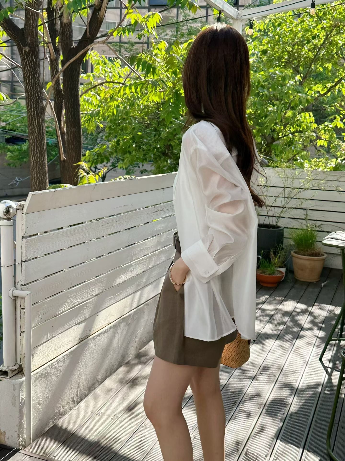 【85%親膚天絲~】Luxurious Tencel Sheer Patched Shirt | 輕透拼接防囇衣