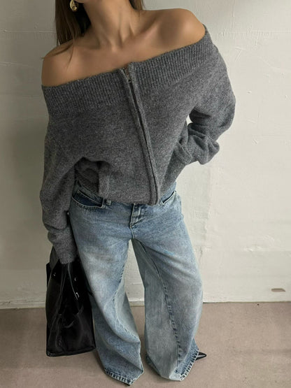Off Shoulder Zip Up Top