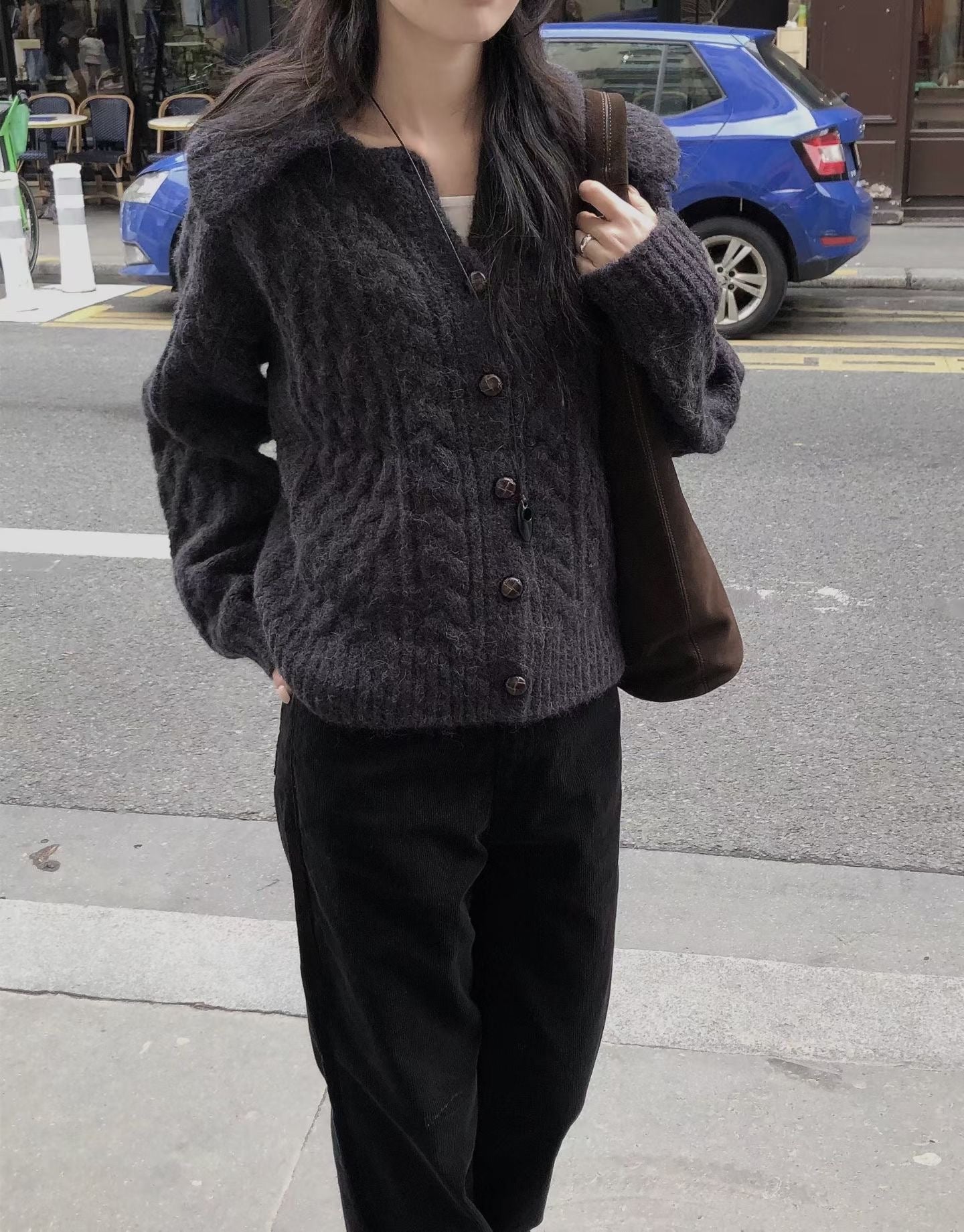 Alpaca Cable Knit Collared Cardigan | 混羊駝毛優雅麻花針織外套