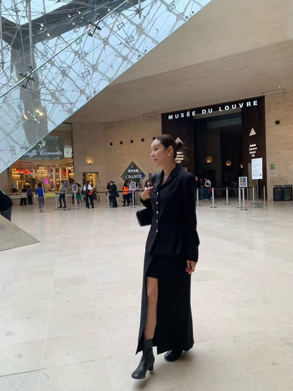 【暴美通勤風】Tailored Front Slit Maxi Skirt | 高腰開叉假兩件長裙