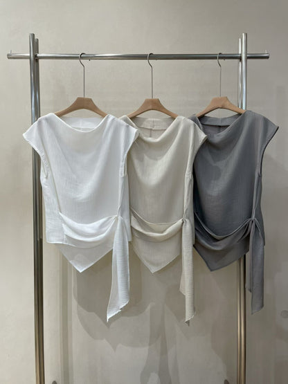 Draped Side-Tie Capped Sleeves Blouse |  垂感光澤小飛袖上衣