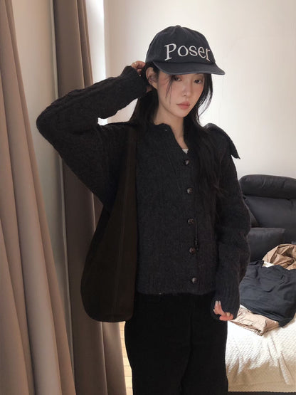 Alpaca Cable Knit Collared Cardigan | 混羊駝毛優雅麻花針織外套