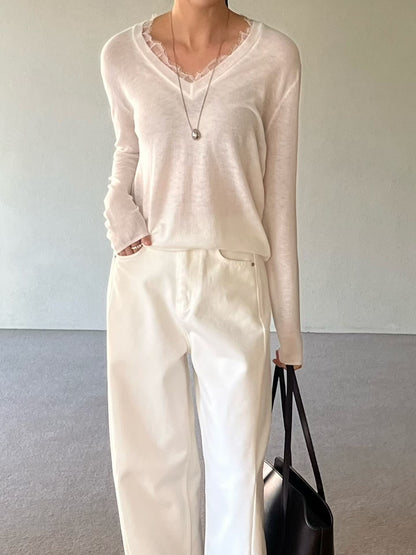 Tencel Lace Detail Knit | 天絲Lace V領薄針織