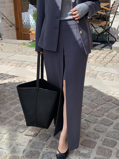【暴美通勤風】Tailored Front Slit Maxi Skirt | 高腰開叉假兩件長裙