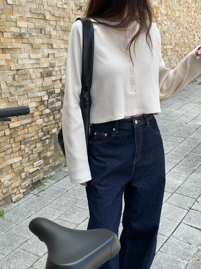 Waffle Pop Button Cropped Tee | 窩夫格格長袖Top