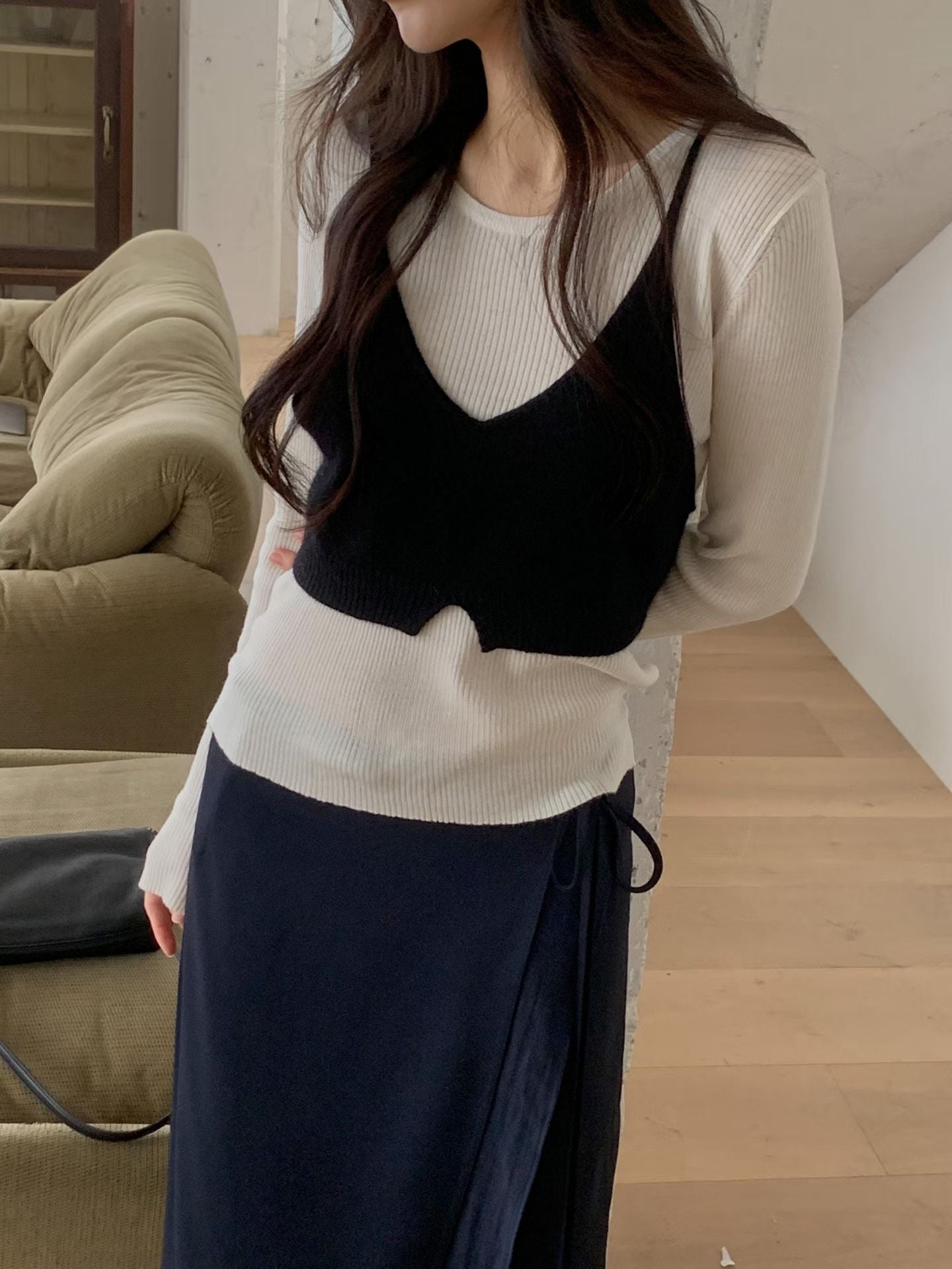 [絲滑飄逸] Layered Ribbon Tie Detail Skirt