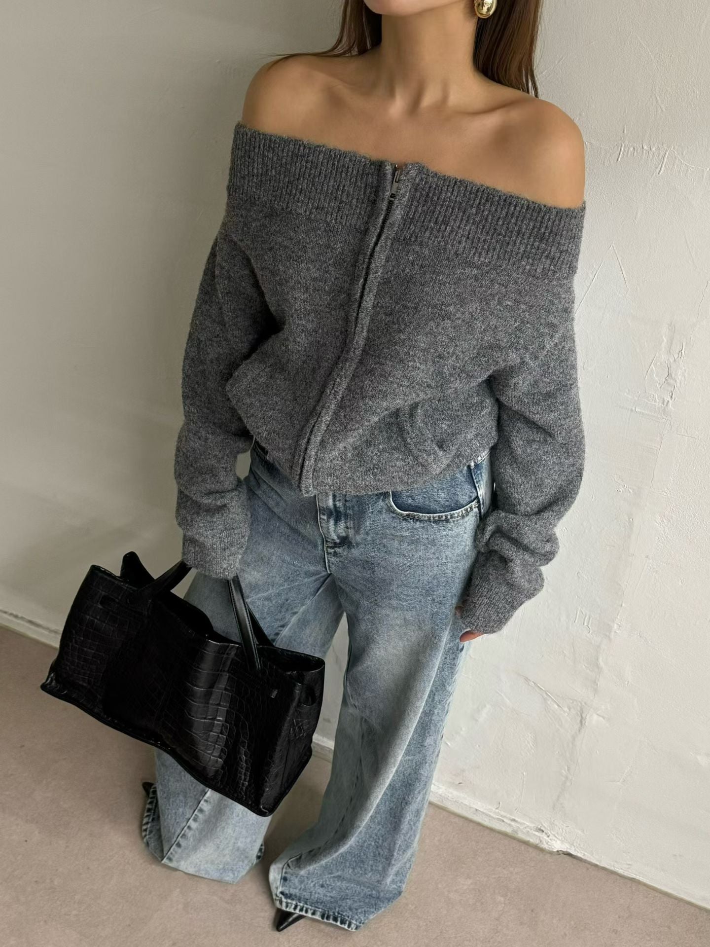 Off Shoulder Zip Up Top