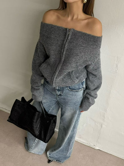 Off Shoulder Zip Up Top