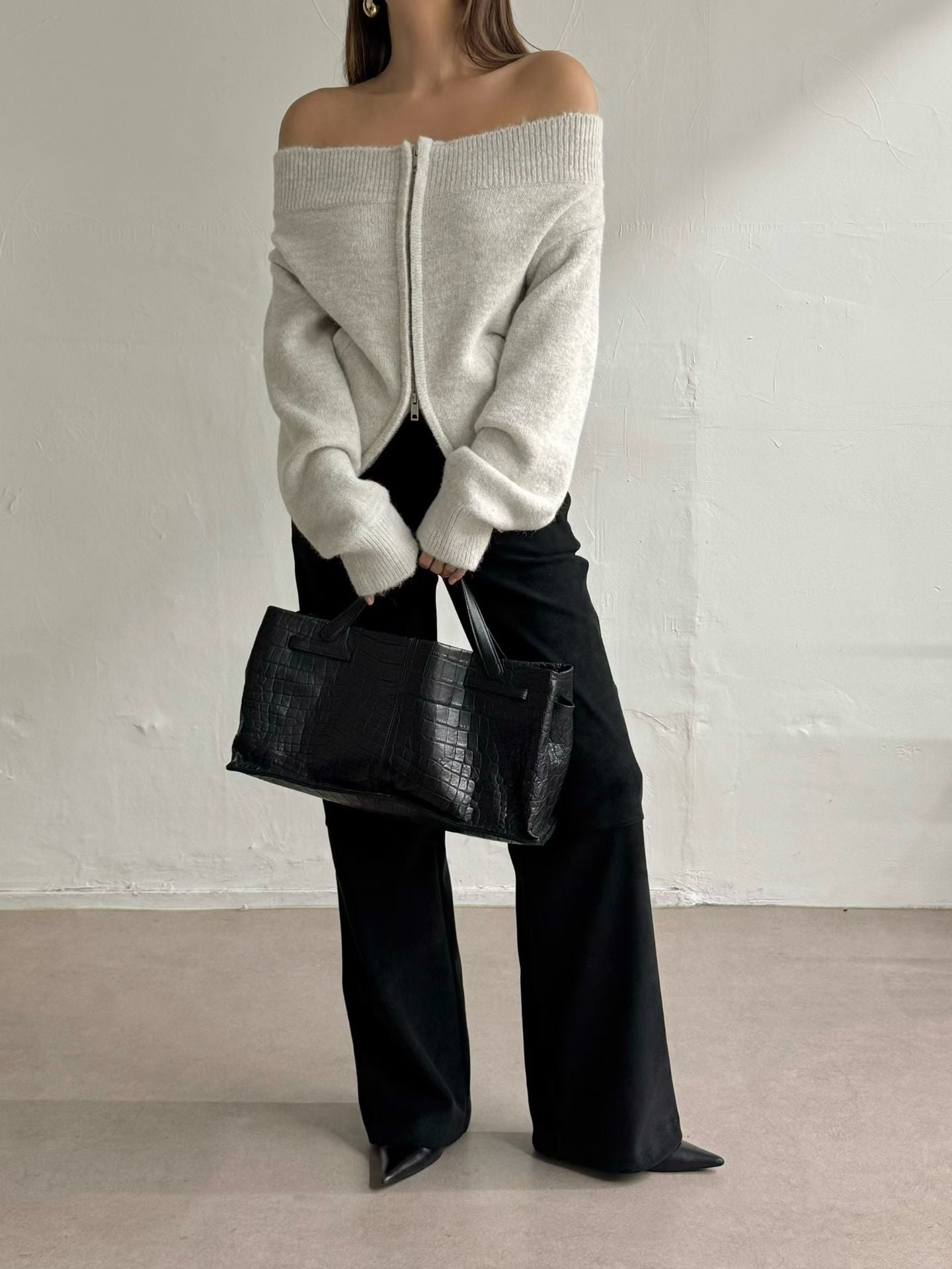 Off Shoulder Zip Up Top