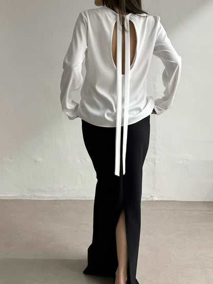 暗珠光背面小心機襯衫 | Pearly Low Back Ribbon Blouse
