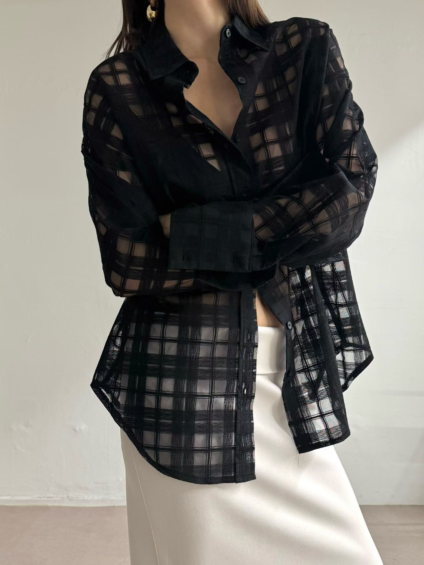 鏤空網格紋襯衫 | Weaving Checkered Boyfriend Shirt