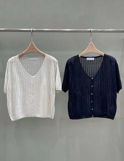 Fluted Sheer Linen Cardigan | 竪坑條紋麻質開襟外套