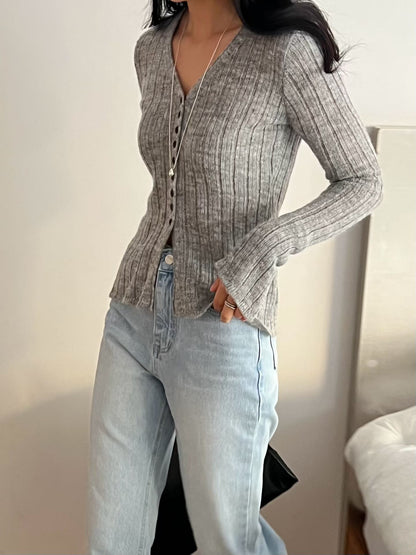 Contrast Button Detail Ribbed Cardigan